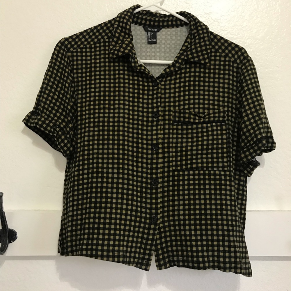Forever 21 Green + Black Grid Crop Button Up | L